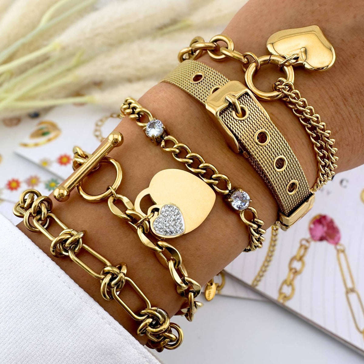 T-Bar Pavé Hearts Chain Bracelet in 18K gold plating, worn on wrist