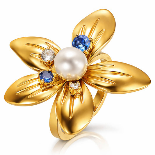 Pearl Flower Open Ring